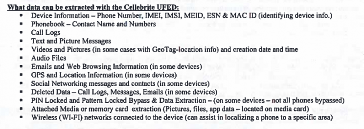 Cellebrite technology can extract phone logs, text messages, pictures, video, email, GPS, Wi-Fi, social networking and more.