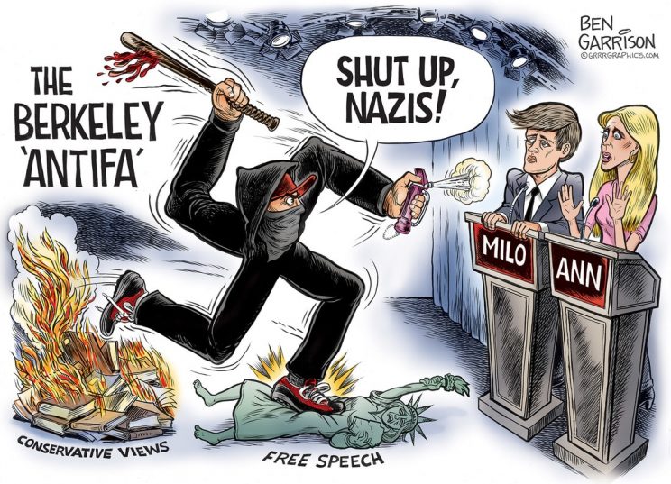 right-wing political cartoon that has an Antif-fascist drawn as a swastika