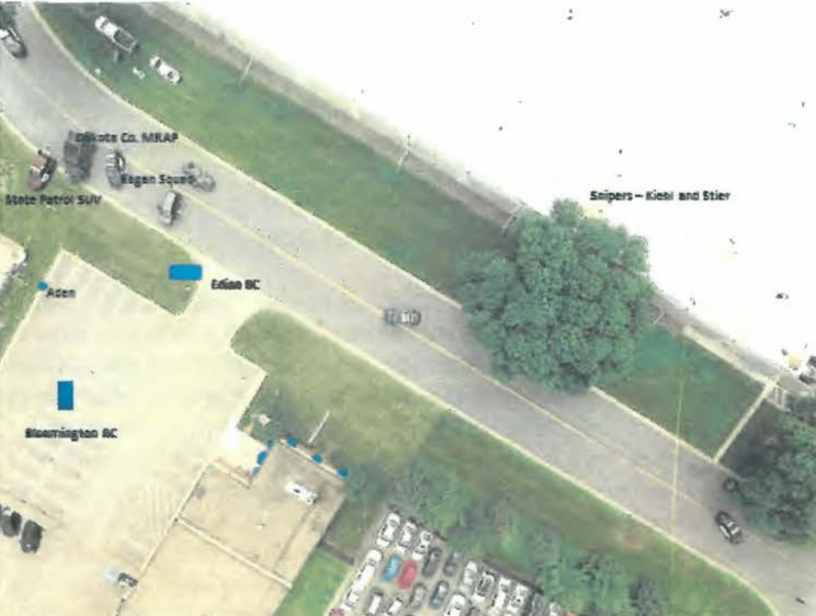 layout of the scene of officers surrounding isak aden with snipers on the roof