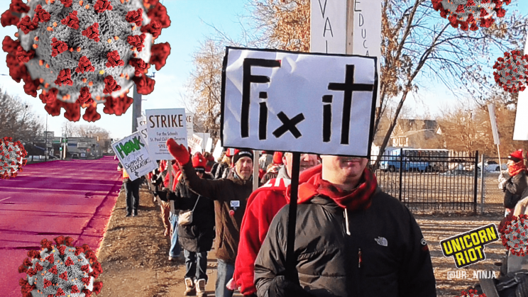 Educators marching with picket signs the morning of March 10. One sign reads "Fix It" in bold letters. Superimposed over the image are graphics of the COVID–19 novel coronavirus.