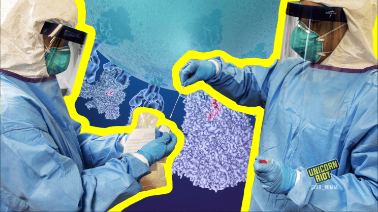 Image shows two medical personnel wearing full-body personal protective equipment, including blue nitrile gloves, surgical masks, and face shields. The medic on the right is holding a test swab in their right hand and a vial in their left; the person on the left is holding information about the sample.