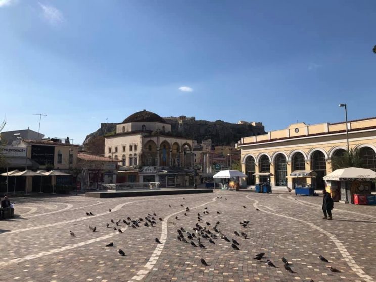 Monastiraki Square in downtown Athens, Greece is deserted from coronavirus pandemic