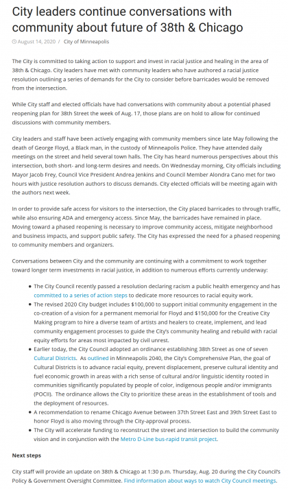Announcement from the City of Minneapolis about delaying the re-opening of 38th Street