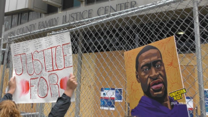 Poster of George Floyd held outside of courthouse