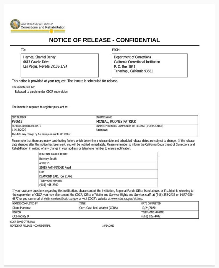 McNeal Notice of Release