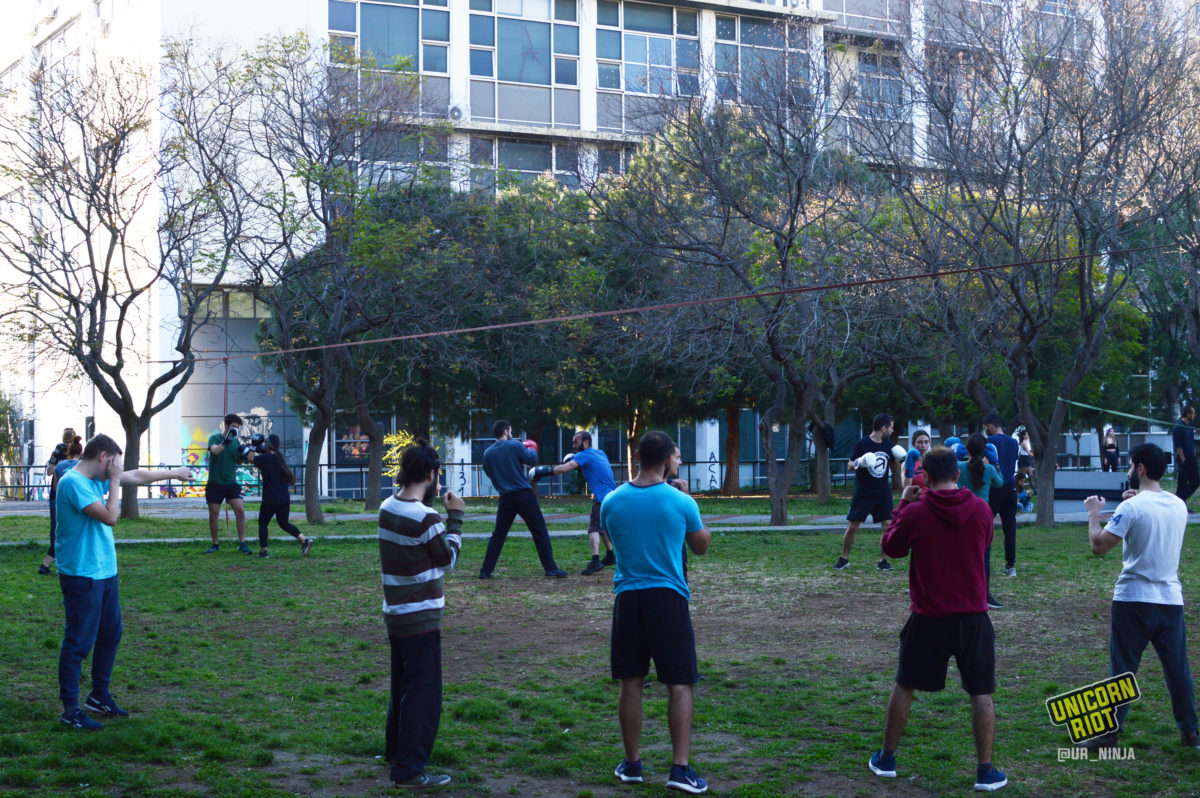 Open training of an antifascist martial arts club at Thessaloniki University