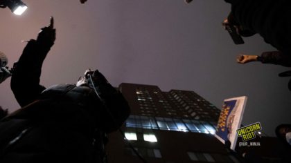 February 8, 2022, Minneapolis, Minnesota, USA: Speakers address a crowd of hundreds of protesters outside of the Bolero Flats Apartments where on February 2, 22 year old Amir Locke was killed by Officer Mark Hanneman of the Minneapolis Police.