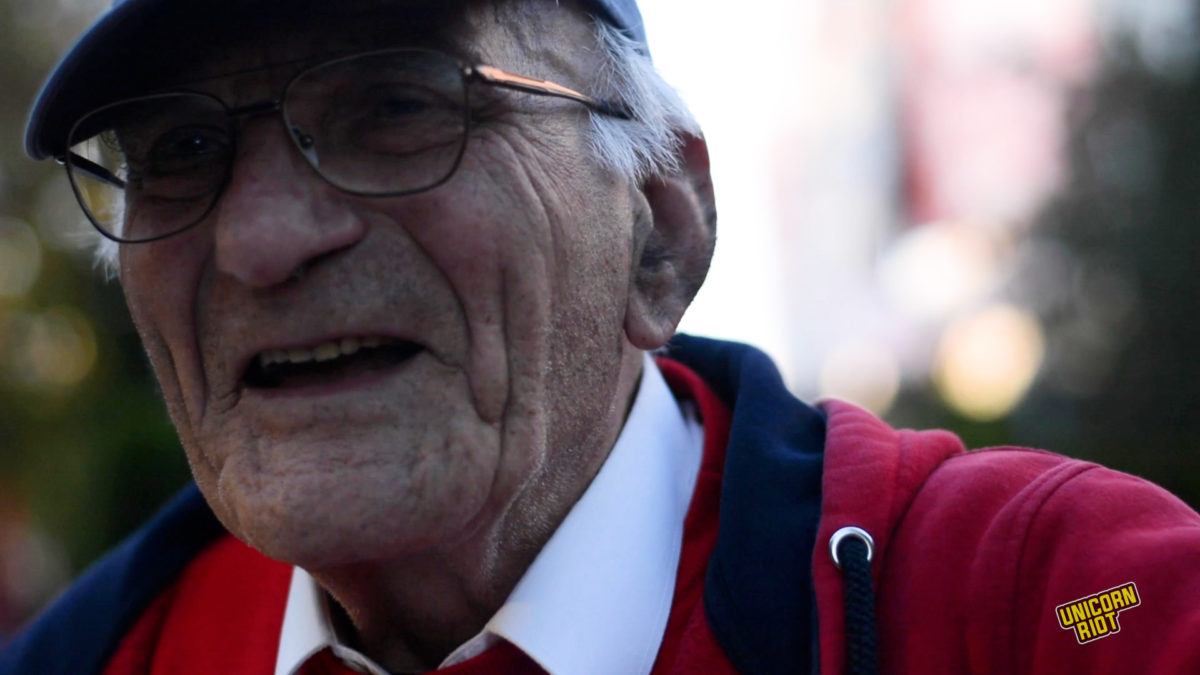 Theodoros Tellidis, 89, who was exiled to Gyaros Island, smiles during Nov. 17, 2022, demonstration against the former ruling military junta (1967-1974).