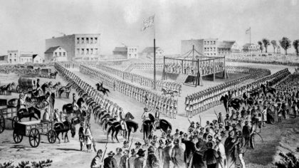 This is a lithograph of the hanging of the 38 Dakota at Mankato which appeared in the February 17, 1863 issue of the Mankato Weekly Record. It was drawn by W. H. Childs and copies were offered for sale for 15 cents each. It was originally published by Leslie's Illustrated Newspaper on January 24, 1863.