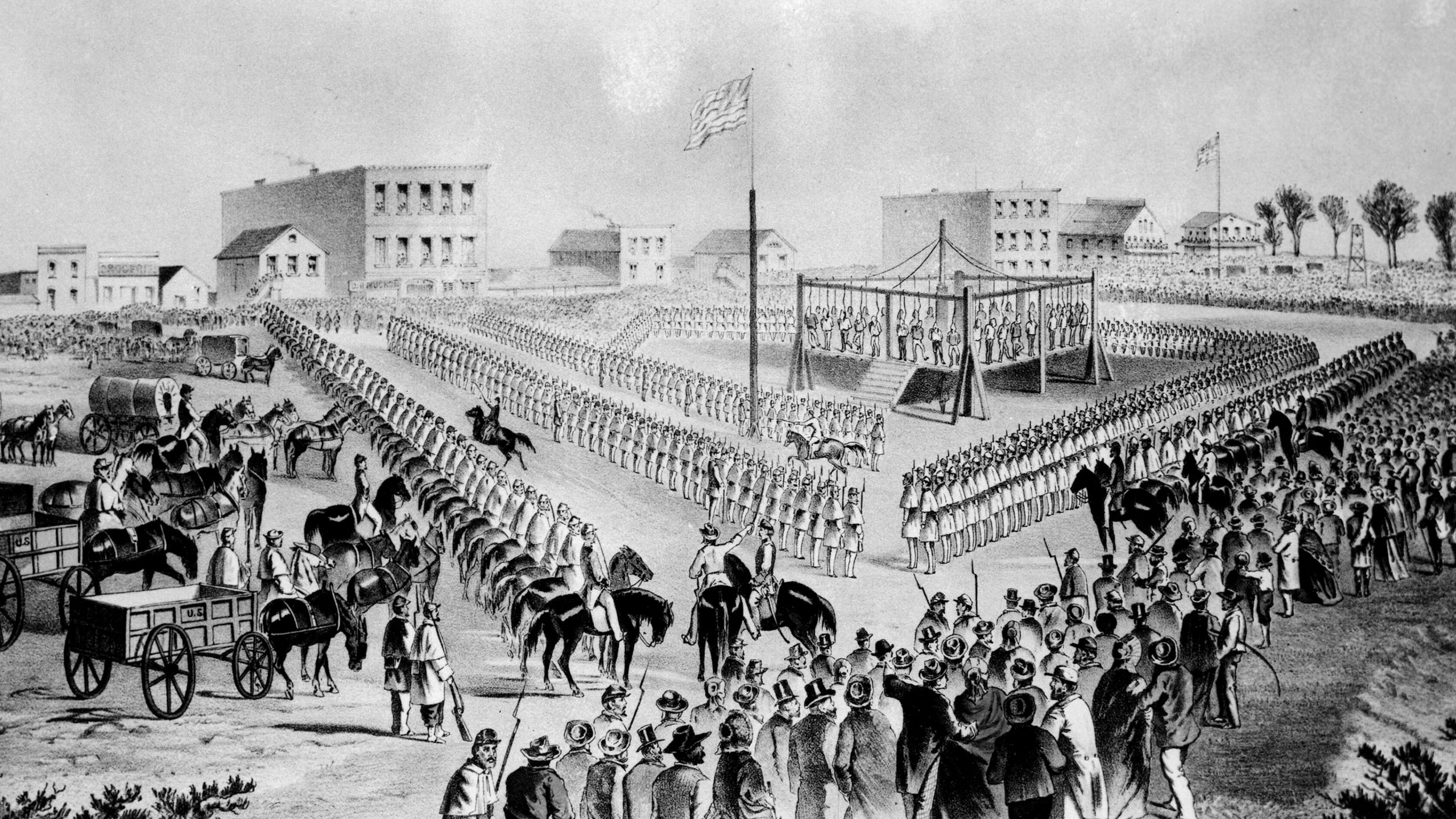 This is a lithograph of the hanging of the 38 Dakota at Mankato which appeared in the February 17, 1863 issue of the Mankato Weekly Record. It was drawn by W. H. Childs and copies were offered for sale for 15 cents each. It was originally published by Leslie's Illustrated Newspaper on January 24, 1863.