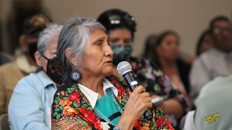 Pershlie Ami, Hopi, shared her experience attending Indian boarding school in Phoenix, Arizona at the Dept. of Interior's "Road to Healing" tour on the Gila River Indian Reservation on January 20, 2023. Photo taken by Darren Thompson.