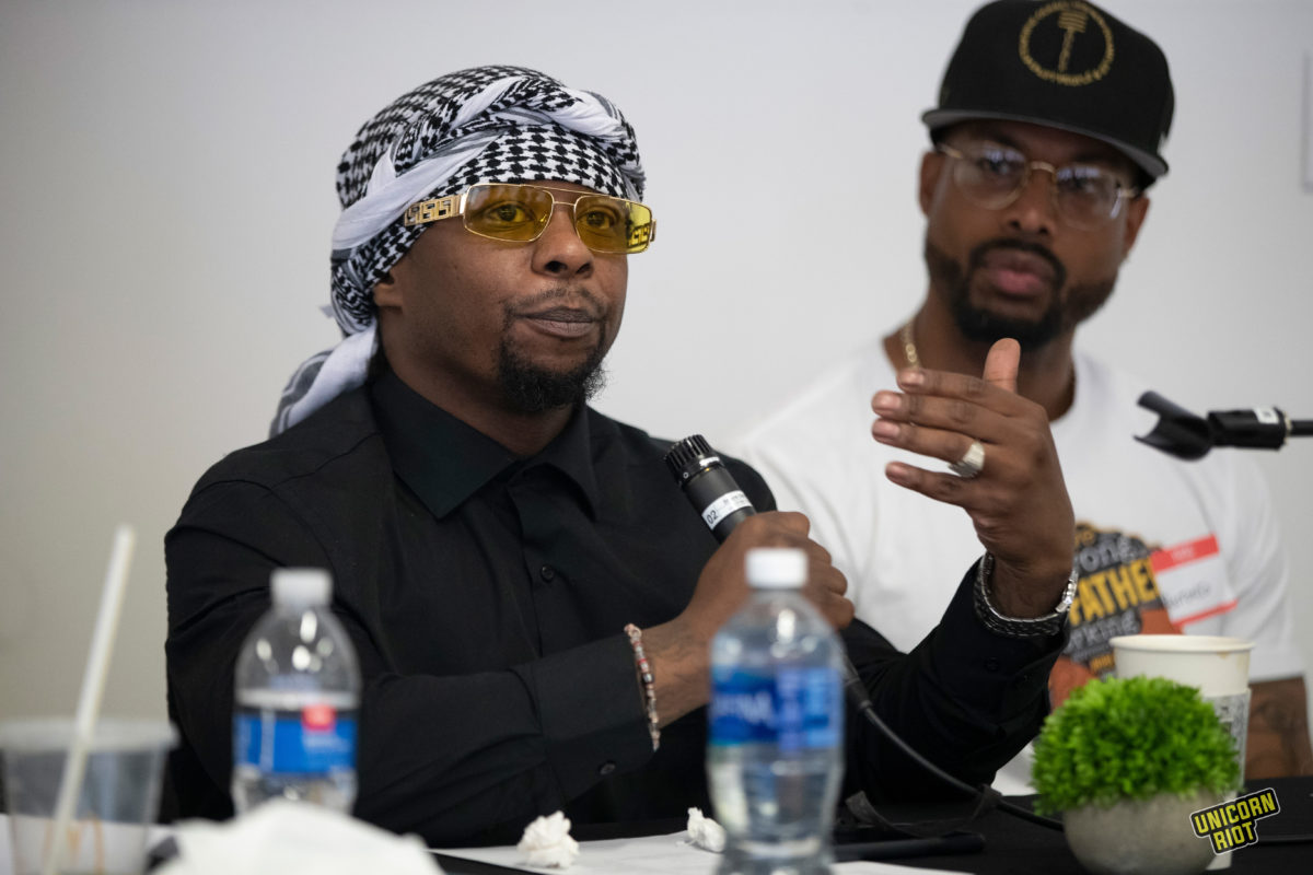 Myon Burrell who was incarcerated for 18 years for a murder is didn't commit, speaks during a meeting with the UN at the Minneapolis Urban League on May 2, 2023.