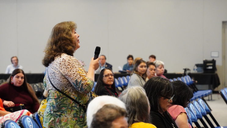 Glenda Barber, Lac Courte Orielle Ojibwe, shares her experience in federal Indian boarding school with the Department of Interior in Onamia, Minnesota on Saturday, June 3, 2023. Photo taken by Darren Thompson.