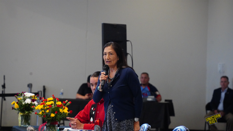 U.S. Secretary of Interior Deb Haaland, Laguna Pueblo, visits the Mille Lacs Band of Ojibwe for the 7th listening session of the Dept. of Interior's "Road to Healing" session on Saturday, June 3, 2023. Photo contributed by Darren Thompson.
