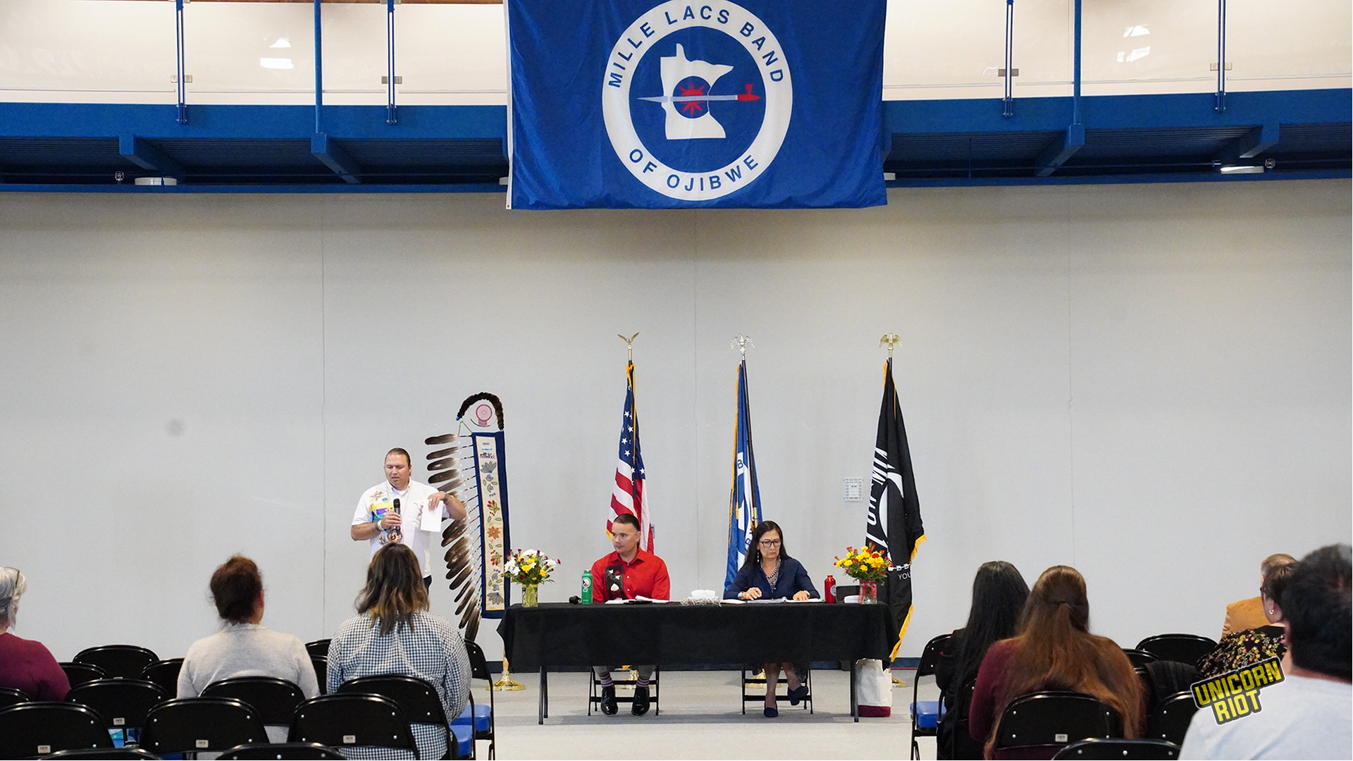 U.S. Secretary of Interior Deb Haaland (right) and Assistant Secretary of Interior Bryan Newland (left) host a "Road to Healing" session in Onamia, Minn. on Saturday, July 3, 2023. Photo contributed by Darren Thompson.