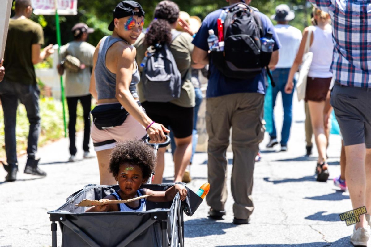 A small Black child with an Afro and red and gfeeen face paint on their forehead is pulled in a wagon by an adult with a Fanny pack and a  bright neon butterfly design affixed around their eyes with face paint - they are situated amongst the larger protest crowd, the photo is taken facing the backs of the marchers but the child is facing backwards towards the camera