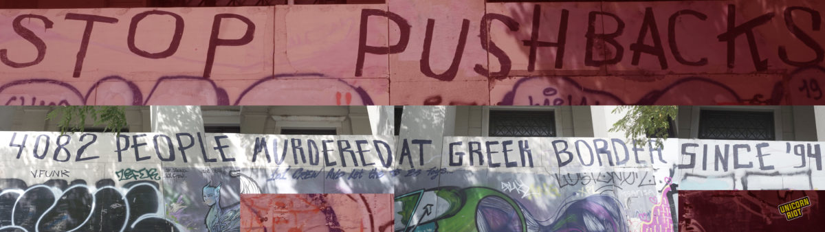Graffiti on the streets of Athens, Greece in Summer 2023 reading "Stop Pushbacks - 4082 People Murdered at Greek Border Since '94." 