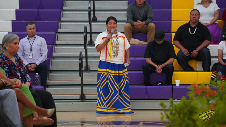 Bannea Calac, founder of the 7G Foundation, speaks at the "Road to Healing" listening session at the Sherman Indian School in Riverside, California on Friday, August 4, 2023.