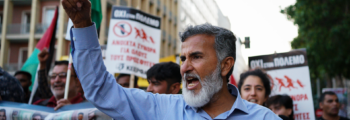 President of the Pakistani Community of Greece, Javed Aslam, chanting slogans during a demonstration in Athens, commemorating the one year since the shipwreck of Pylos, which took place on June 14, 2023 and officially killed 82 people, but left hundreds more missing to this day.