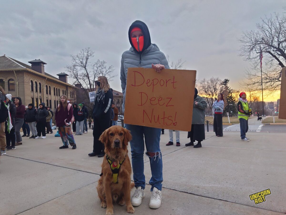 A person in blue jeans and a puffy gray jacket with a zip-up bright orange mask over their face holds a cardboard sign with “Deport Deez Nuts” written on it in red marker. A well-behaved-looking golden retriever wearing a harness sits to the sign holder’s right. A beautiful sunset can be seen behind a few trees in the background
