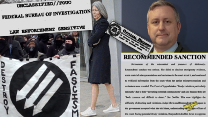 "Unclassified/FUOU Federal Bureau of Investigation Law Enforcement Sensitive" clipped FBI document header above a pic of black block J20 demo participants with a "Destroy Fascism" three arrows banner next to a dismayed Jennifer Kerkhoff Muyskens with gray hair and white sneakers leaving her DC Bar ethics hearing, an FBI "Official Record" tag from the 302 document is diagonally connecting Kerkhoff Muyskens with DC Police Detective and union head Greggory Pemberton above the words "Recommended Sanction" and the DC Bar ethics filing quote reading: Seriousness of the misconduct and presence of dishonesty. Respondents' conduct was serious. She failed to disclose exculpatory evidence, made material misrepresentations and omissions to the court about it, and continued to withhold information from the court when her earlier misrepresentations and omissions were revealed. The Court of Appeals takes "Brady violations particularly seriously" due to their "devasting potential consequences" and also because they are "both common and difficult to detect." See Dobbie. This case highlights the difficulty of detecting such violations. Judge Morin and Respondent› de is agues in the government accepted what she told them, understanding Alin officer of the court. Facing potential Brady violations, Respondent doubled down to suppress"