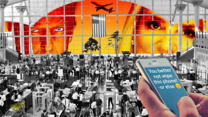 image composition, airport terminal, TSA security line. an airplane taking off, pam bondi, and donald trump staring large in the background. in foreground a phone with message "You better not wipe this phone - or else :)" is held by two hands.
