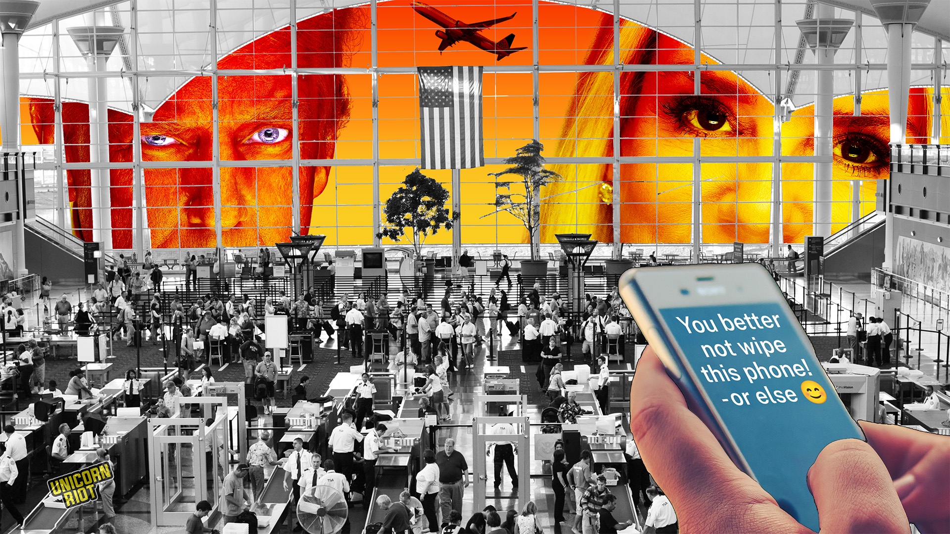 image composition, airport terminal, TSA security line. an airplane taking off, pam bondi, and donald trump staring large in the background. in foreground a phone with message "You better not wipe this phone - or else :)" is held by two hands.
