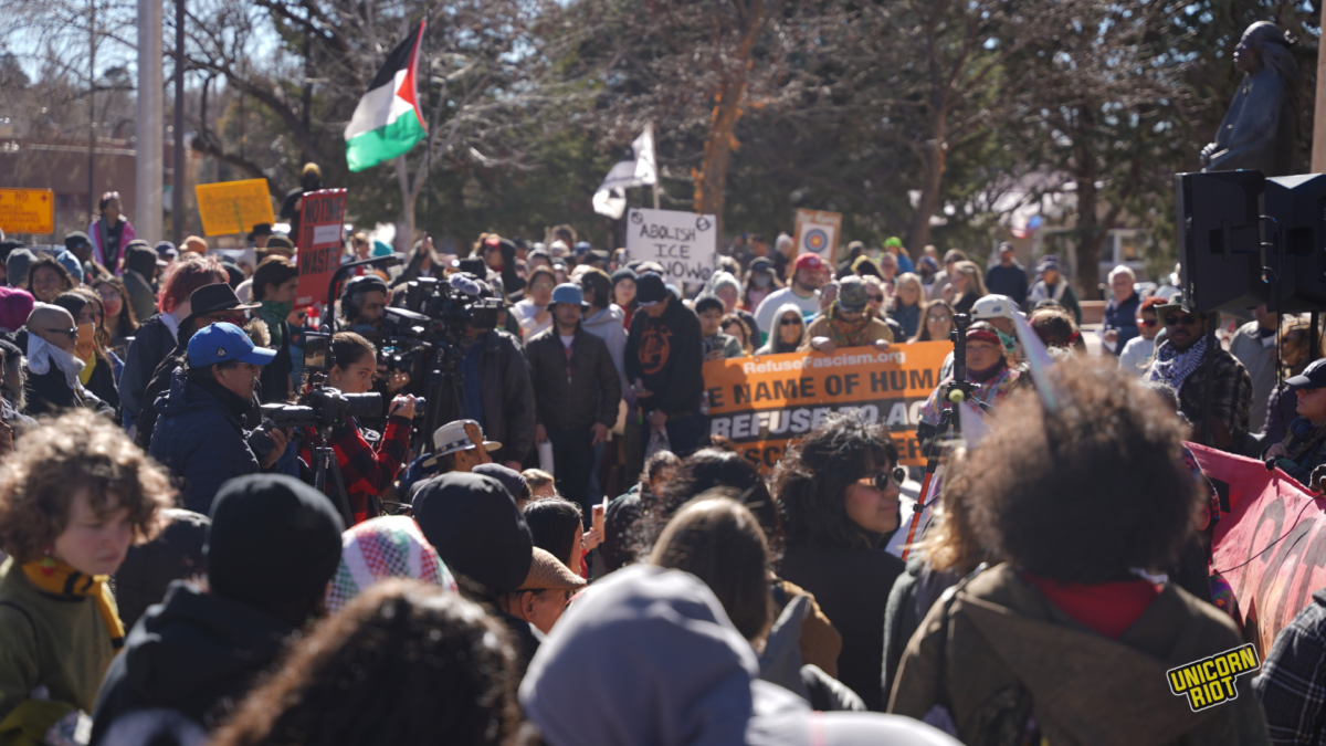On January 20, 2026, a crowd of more than 1,000 rallied at the entrance of New Mexico State Capitol where speakers addressed issues of oppression, division, and the importance of building community. Photo by Darren Thompson.
