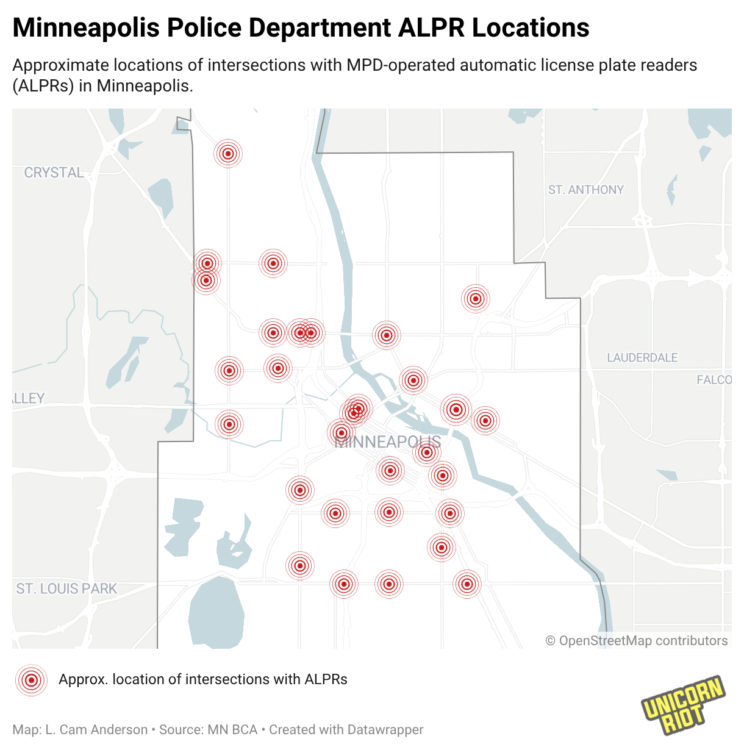 A map charting the 30 intersections where the Minneapolis Police Department operates Automatic License Plate Readers.