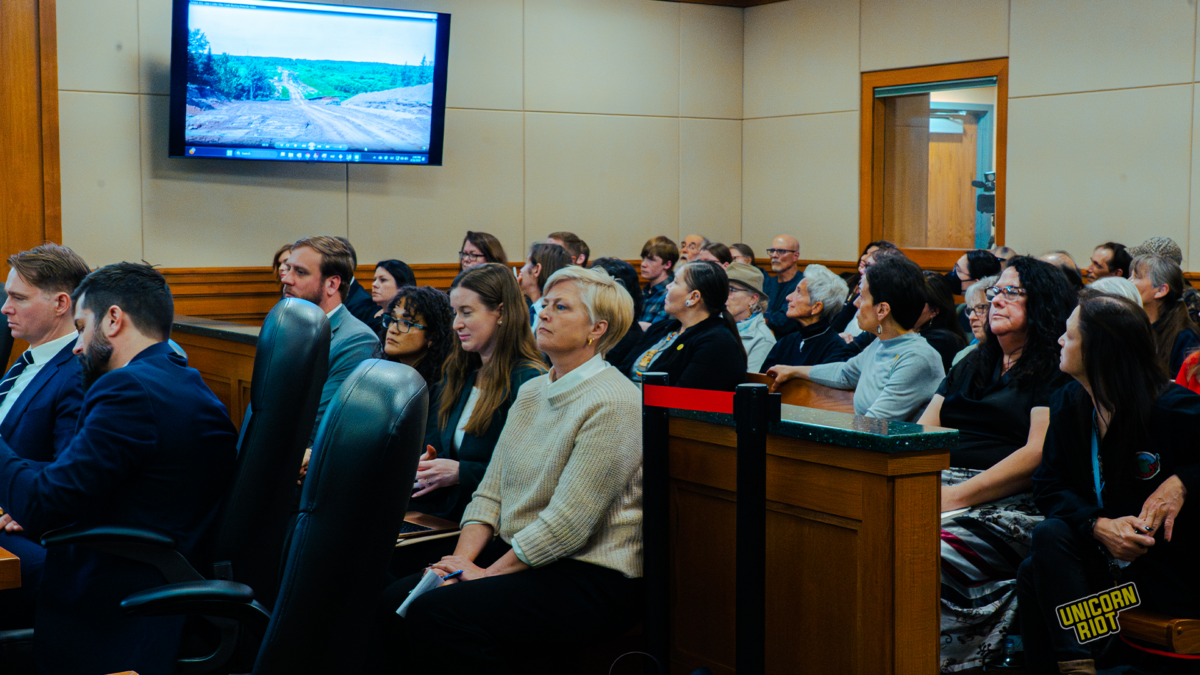 Spectators of the court proceedings watching a blasting video 